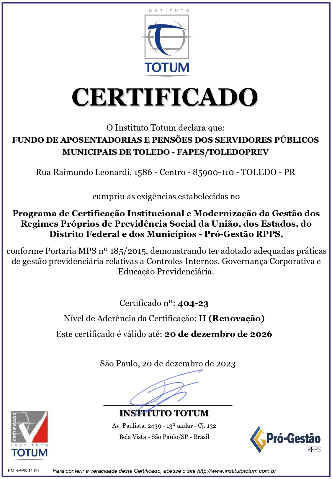 CERTIFICADO PRO GESTÃO RENOVAÇÃO